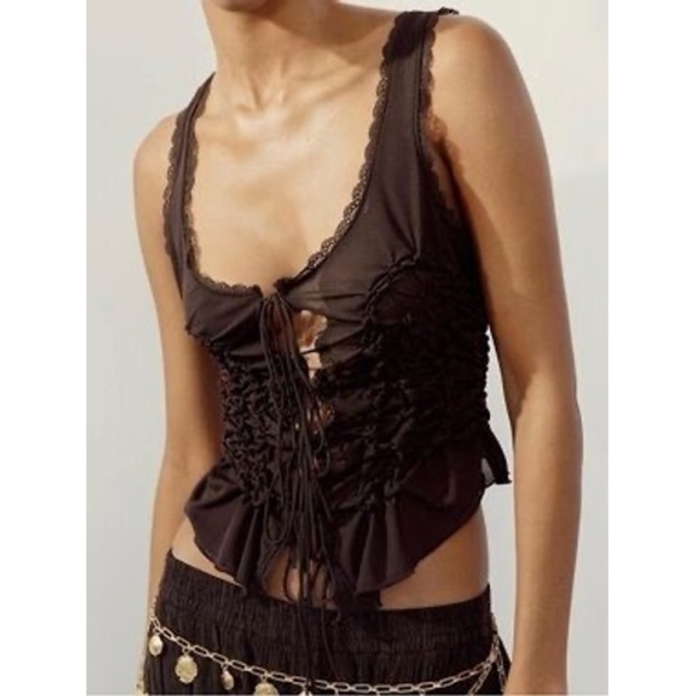 Zara Chocolate Brown Sheer Mesh Ruched Lace Up Top Sleeveless 1937/304/717 Small